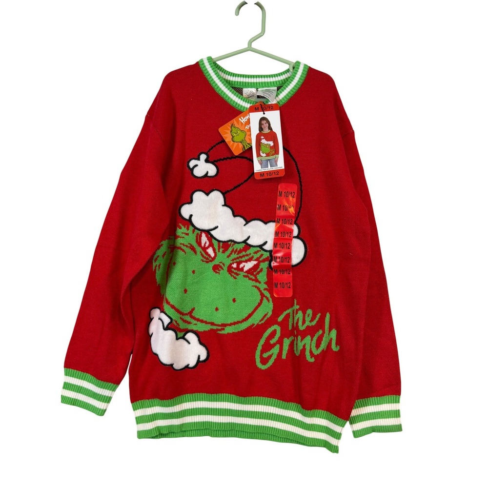 Dr Seuss The Grinch Kid Christmas Holiday Sweater M 10/12 NWT Ugly Whoville Mean